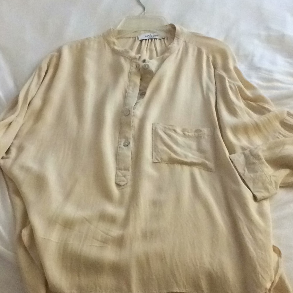 Oatmeal colored long sleeve 3/4 button down top